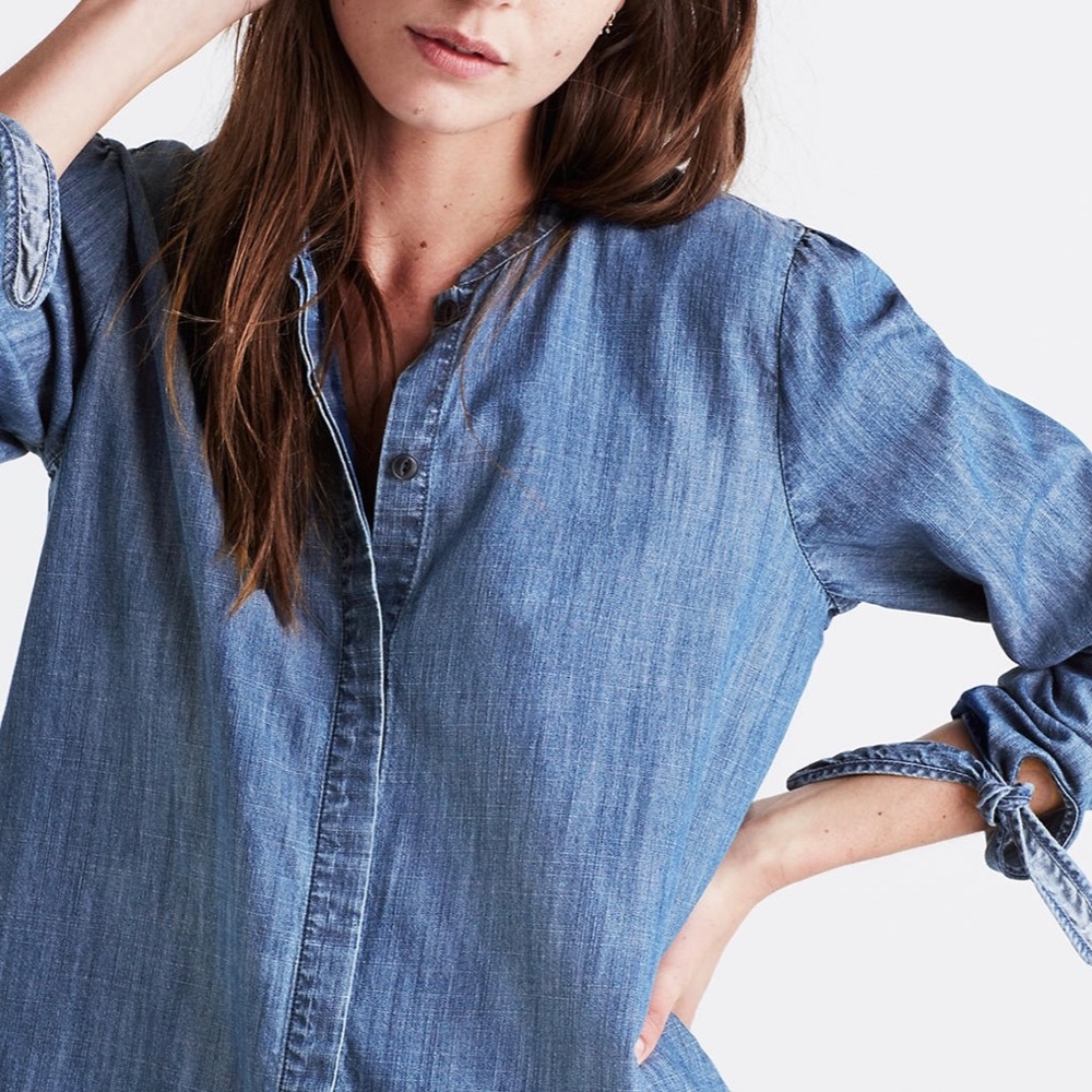 Madewell | Chambray Shirring Wrist Tie Long Sleeve Popover Hidden Button Shirt